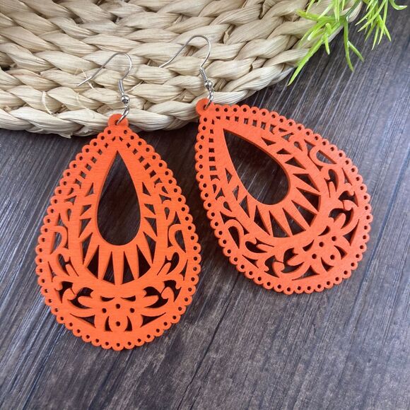 Beige Casual Retro Simple Style Water Droplets Minimal Wood Drop Earrings Boho - Picture 14 of 16